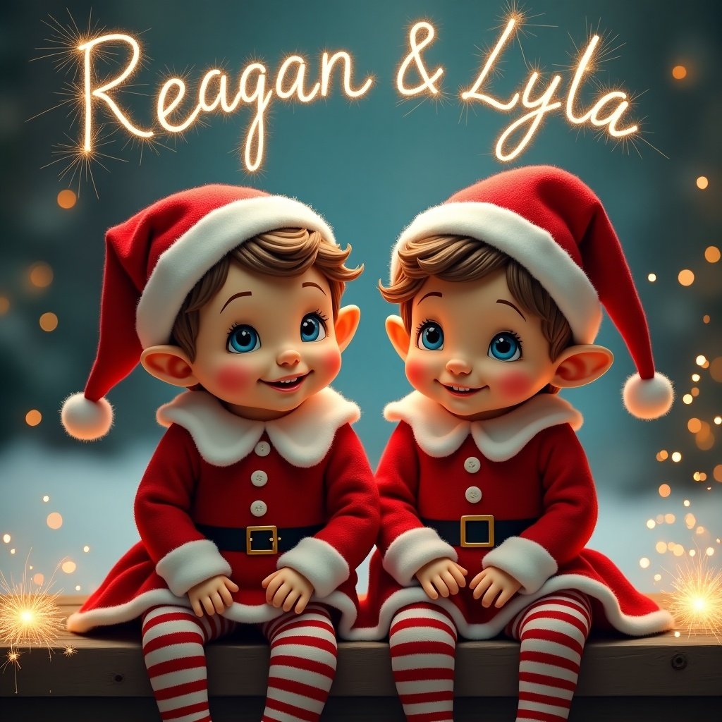 Image features two children dressed in elf costumes celebrating Christmas. Background includes a snowy scene with sparkler names above. The theme is joyful and festive.