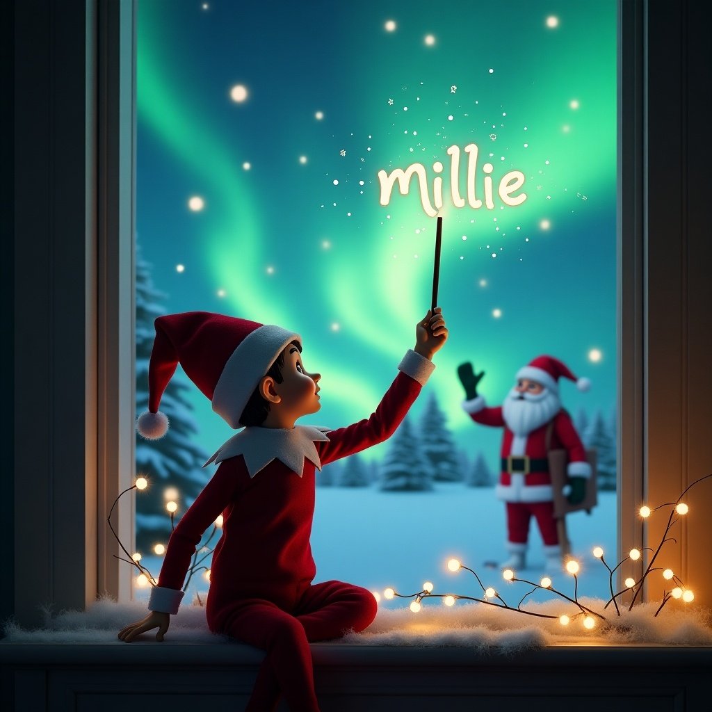 The image depicts an adorable elf on the shelf with his back to the viewer, joyfully using a wand to write the name 'Millie' in the night sky. The background features a breathtaking view of the northern lights illuminating a snowy landscape. In the distance, Santa Claus is visible, adding to the enchanting Christmas theme. The scene is warm and festive, with twinkling lights decorating the window where the elf sits. It's a magical representation of the holiday spirit, capturing the imagination of both children and adults alike.