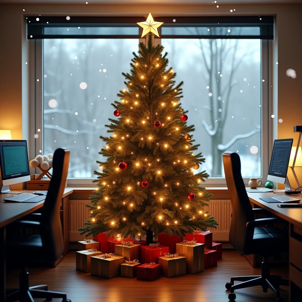 A cozy office features a beautiful Christmas tree decorated with lights and ornaments. There are gifts underneath the tree. Desks with laptops and monitors surround the tree. A star decorates the top. Snowflakes fall outside. 'АБ Груп' text is present.