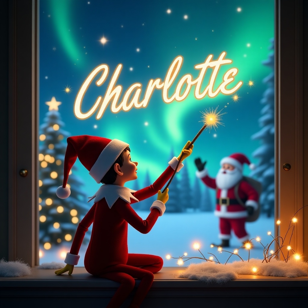 This enchanting image depicts an Elf on the Shelf sitting near a window, facing the vibrant northern lights in the night sky. The elf, wearing a classic red and white outfit, holds a wand and is elegantly crafting the name 'Charlotte' in glowing letters above. In the background, Santa Claus can be seen, adding to the festive atmosphere. The scene is adorned with soft Christmas lights and a beautifully decorated tree, creating a warm holiday ambiance. The magical elements and cheerful setting evoke a sense of wonder and joy associated with Christmas celebrations.