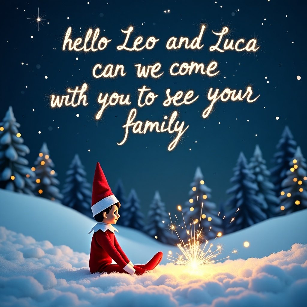 Elf on the Shelf sitting in snow at night. Dark blue sky with sparkler text. Text reads. Hello Leo and Luca can we come with you to see your family.