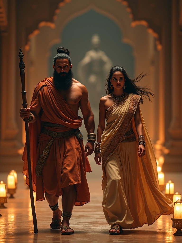 A muscular man in traditional Indian attire walks beside a queen in a palace. The scene features dim lighting with golden glow from lanterns. The man carries a staff, showing determination. The queen walks with a serious, focused expression.