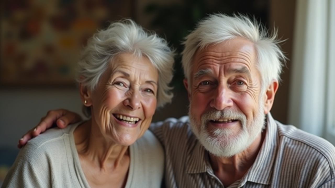 This image captures an elderly couple sitting closely together, exuding warmth and happiness. Both individuals are smiling broadly, conveying a sense of contentment and joy. The natural lighting enhances the detailed features and gentle expressions of the couple, creating an intimate and endearing portrait.