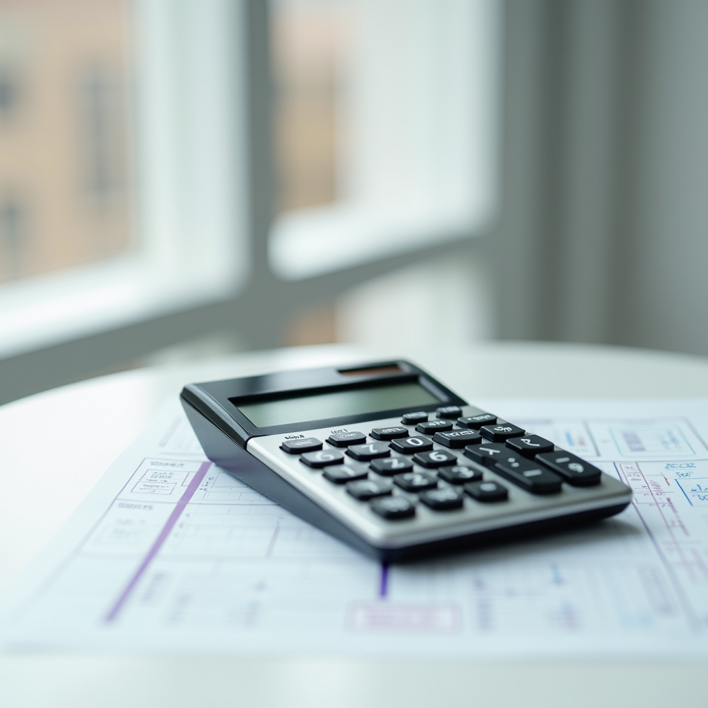 A calculator resting on top of blueprints near a sunlit window.