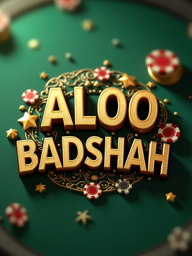 Golden text 'ALOO BADSHAH' in 3D. Blurry green background. Elements of luxury and gaming. Detailed design with gold and silver.