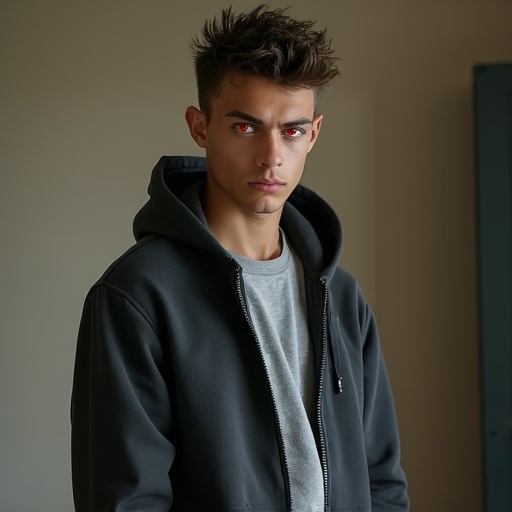 Amateur poorly lit photograph of a young man. He has brown skin and striking red almond-shaped eyes. Short spiky hair and a serious expression. Casual sporty outfit with sweatpants and a fitted t-shirt under a hoodie. Slightly pointy ears visible. Worn sneakers.