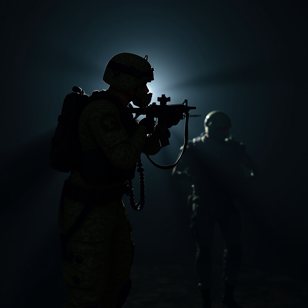 Two soldiers in silhouette carry weapons in a dimly lit environment.