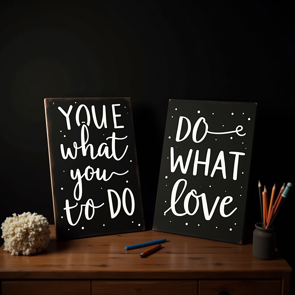 Two inspirational quote boards are displayed on a wooden desk against a dark background, with a small plant and colored pencils nearby.