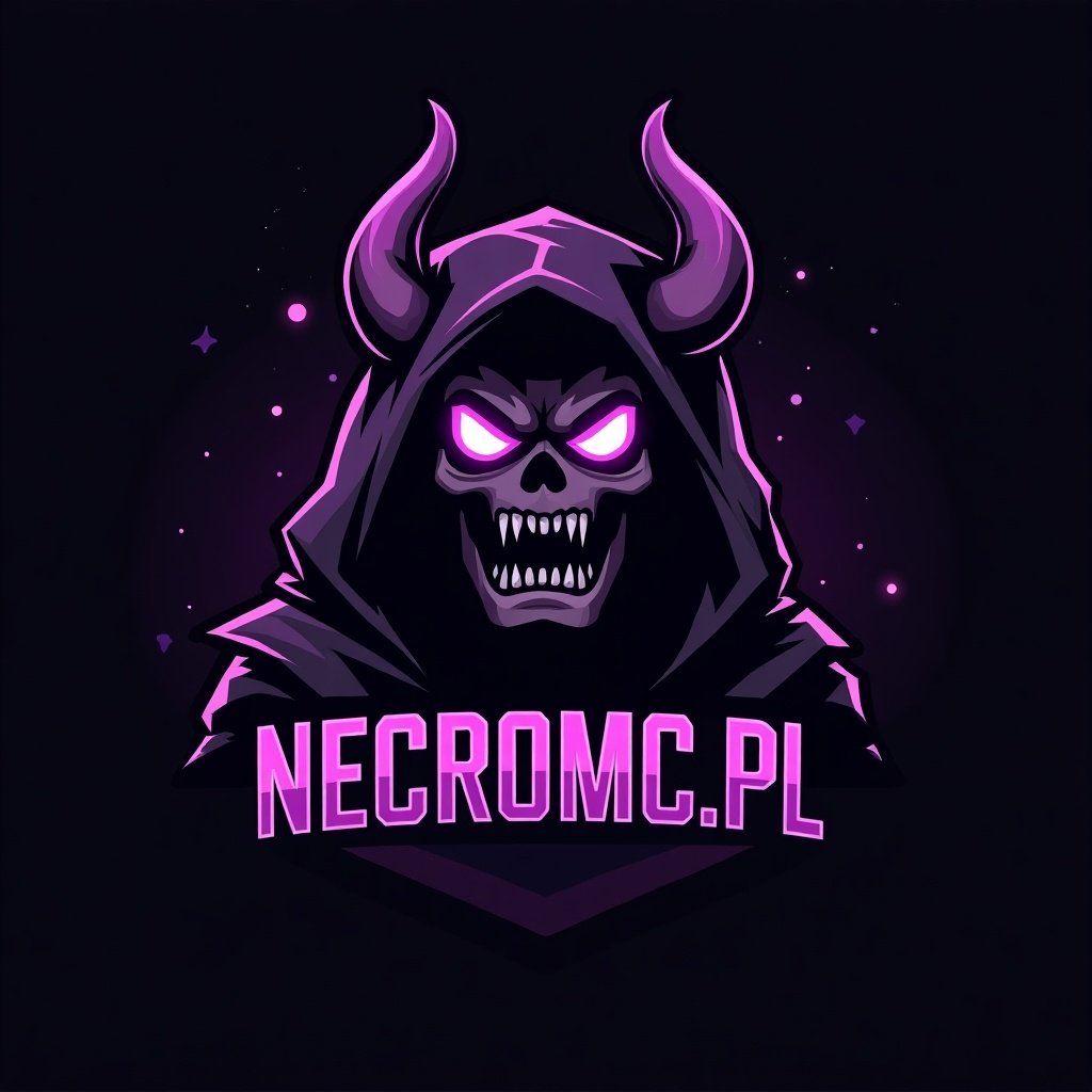 Mascot logo for Minecraft server. Dark colors with a hooded skull character. Server name 'NecroMC.PL' included.