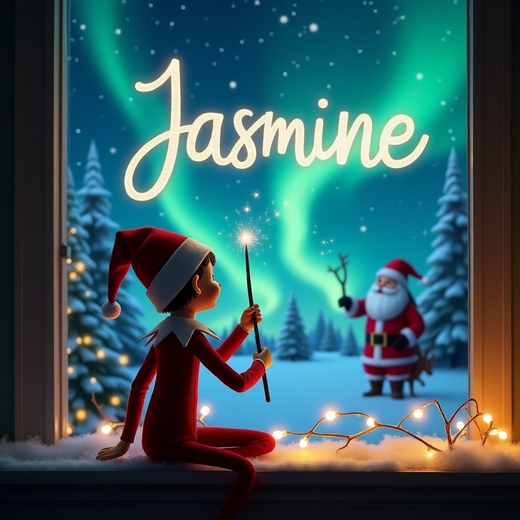 An elf on the shelf is seated with its back to the viewer, looking up at the sky. It uses a shimmering wand to write the name 'Jasmine' against a starry backdrop. The scene captures a magical Christmas atmosphere, highlighted by vibrant northern lights. In the background, Santa Claus stands cheerfully in a snowy landscape. Twinkling lights wrap around the window, enhancing the cozy feel. The entire setting evokes a sense of wonder and holiday magic, perfect for a festive theme.