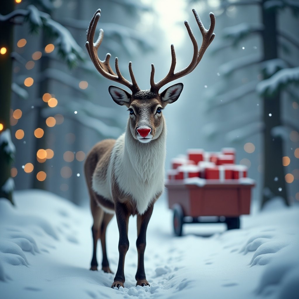 Realistic image of a Christmas reindeer in a snowy forest. Reindeer has antlers and a red nose. Background features snow-covered trees with holiday lights and a cart filled with gifts.