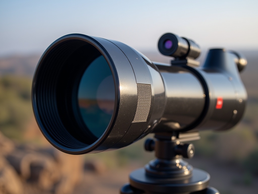 This image captures a close-up view of a telescope mounted on a tripod, set against a softly blurred natural background. The focus on the telescope lens is crisp and clear, highlighting its sleek, modern design and glossy finish. The warm lighting gently illuminates the contours, creating an inviting scene that suggests both adventure and contemplation.