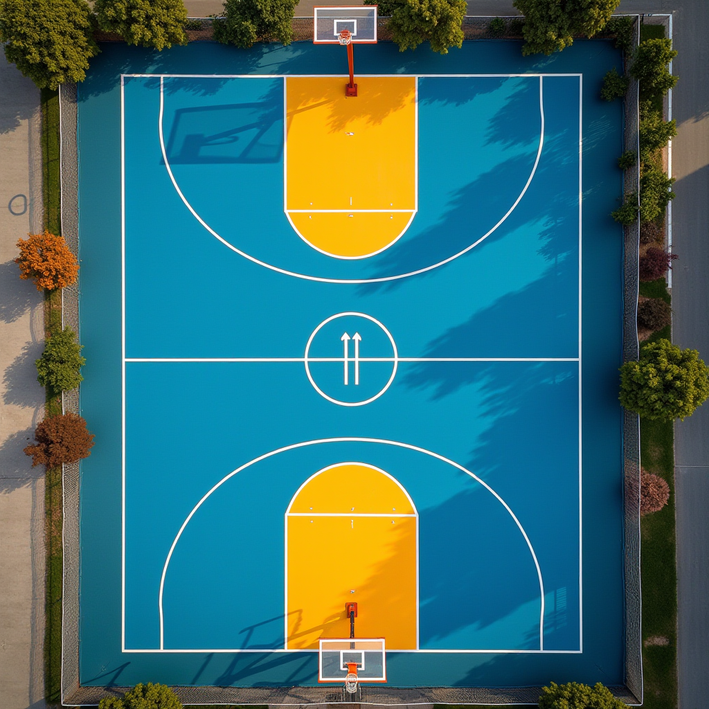 A vibrant aerial view of a basketball court with bold blue and yellow hues surrounded by lush green trees.