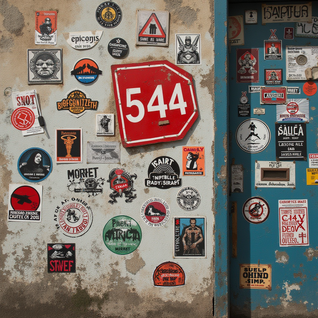 A textured wall covered with various colorful stickers and a large red '544' sign.