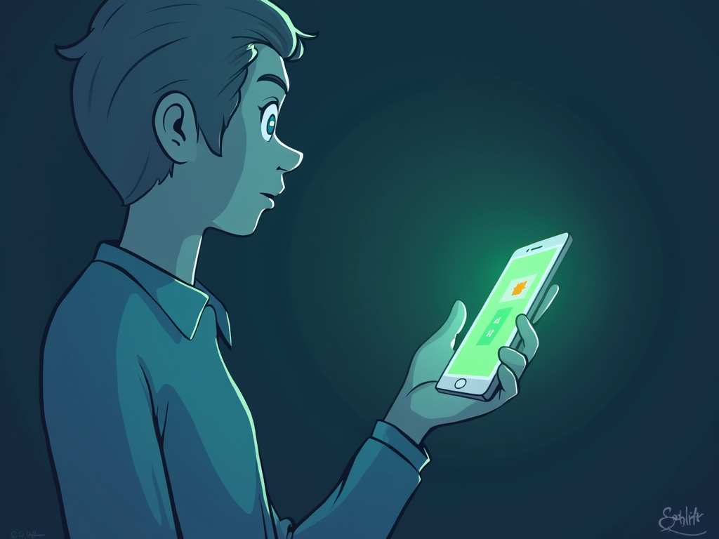 A young person gazes intently at a smartphone that emanates a soft green glow, illuminating their face in a dark room.