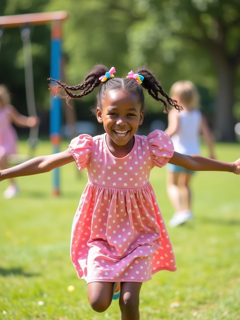 A girl who appears to be around eight years old running joyfully in a park. She wears a cute pink dress with white polka dots. Her hair is styled in two playful ponytails adorned with colorful bows. Children are playing in the background and the setting features green grass and playground equipment.