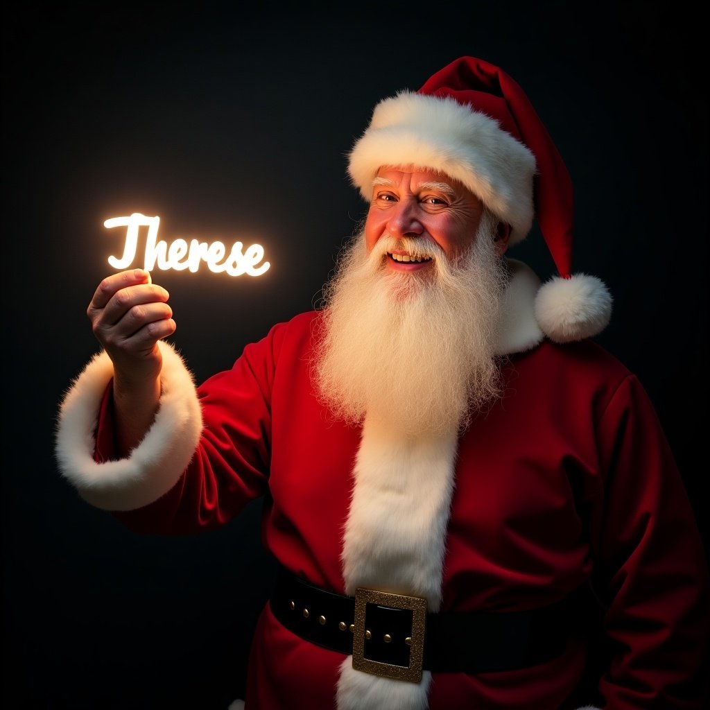 Santa Claus in red and white suit holds a glowing stick displaying the name 'Therese'. Santa is smiling. Dark background enhances the glow of the name. Image captures Christmas magic and joy.