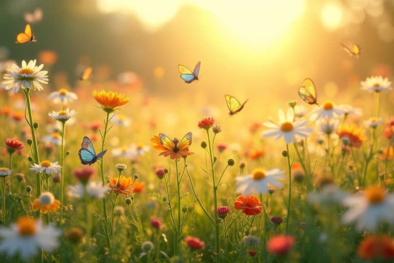 A vibrant field of grass and wildflowers in warm sunlight. Flowers in full bloom with daisies poppies and sunflowers. Clusters of red berries scattered. Butterflies with blue orange yellow wings fluttering around flowers. Soft diffused lighting creates a dreamy atmosphere.