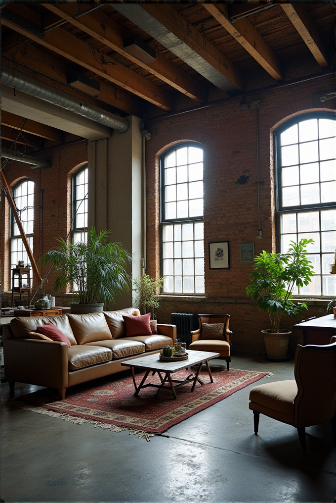 A beautifully lit industrial-style living room with exposed brick, large windows, and leather furniture.