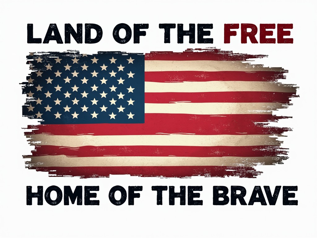 This image features a stylized representation of the American flag with the text 'LAND OF THE FREE' and 'HOME OF THE BRAVE' surrounding it. The flag appears slightly distressed, giving it a vintage and rustic feel. The flag consists of a blue field with white stars and red and white stripes, symbolizing the United States.