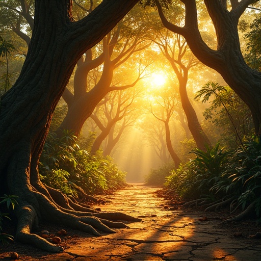 Dense jungle under bright afternoon sun. Towering trees have thick twisted roots creating shadows. Sunlight pierces through canopy casting golden beams on pathway. Heat shimmers in air creating mirage on dry cracked earth. Leaves look wilted. Distant insect sounds fill humid atmosphere. Overall tone is warm and golden emphasizing heat.