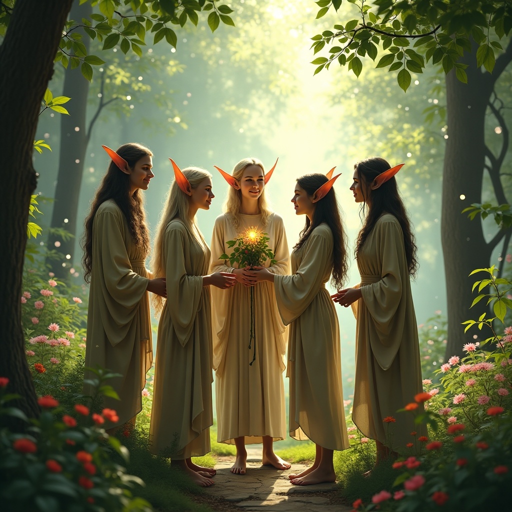 Five elves in a forest. Elves have long hair and pointed ears. One elf holds a glowing bouquet. Soft light filters through leaves. Flowers bloom around.