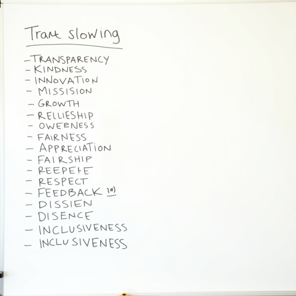 The image showcases a whiteboard filled with important values relevant to a corporate or educational setting. Key concepts include Transparency, Kindness, and Innovation, reflecting principles aimed at fostering a positive environment. Each word is written in black, emphasizing clarity and focus. The background is plain white, enhancing readability. This list serves as a motivational tool for teams and organizations.