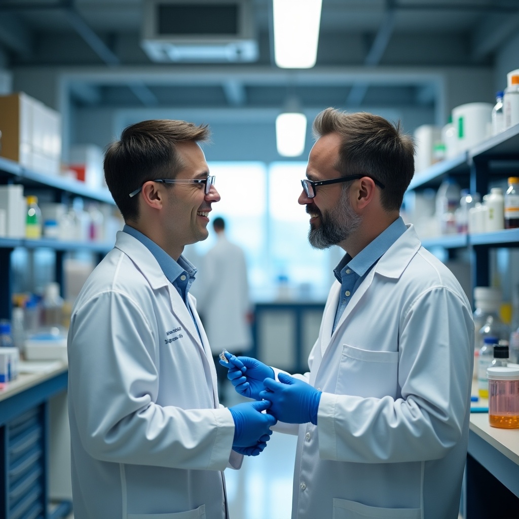 Two scientists dressed in lab coats are engaged in a friendly discussion in a brightly illuminated laboratory. The lab is filled with various scientific equipment and colorful liquids in bottles. Both scientists are smiling, illustrating a collaborative atmosphere. The backdrop features shelves filled with laboratory supplies, creating a bright and organized environment. The focus is on the conversation and the synergy between the two professionals.