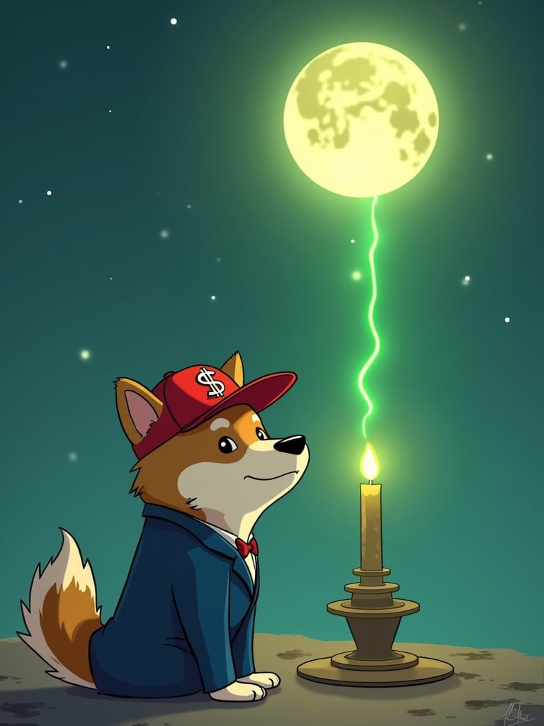 An animated cartoon Shiba dog dressed in a luxurious blue suit kneels wearing a red baseball cap with $TRP logo. The dog prays to a long green candle that shines brightly reaching the moon in a starry night.