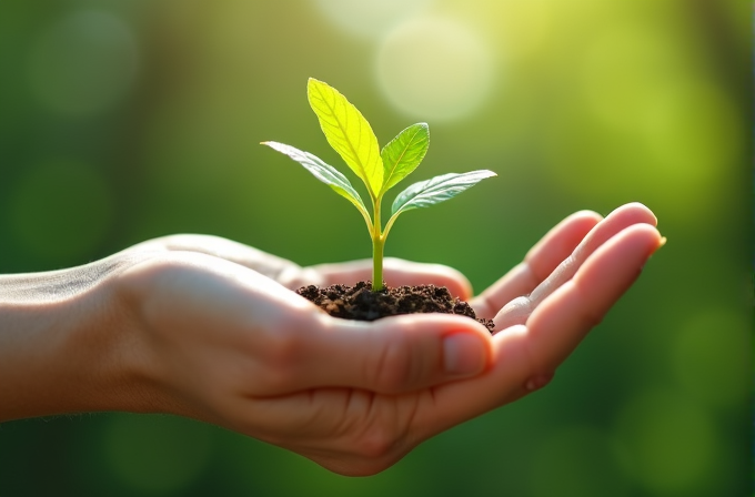 A small plant with green leaves is held in cupped hands, symbolizing care for nature.