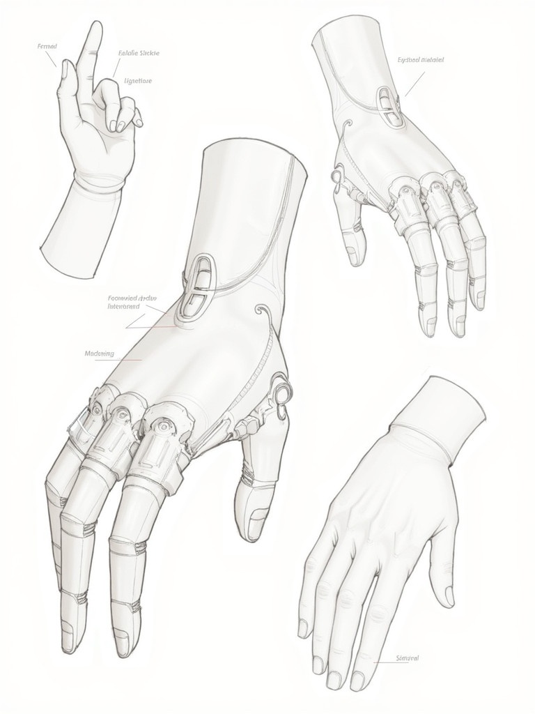 Realistic sketch of a prosthetic hand design. Multiple views highlight components and joints. Hand reflects advanced technology focused on functionality and aesthetics. Labels indicate parts of the design. Blend of engineering and artistry enhances user quality of life. Innovative and practical design. Current trends in prosthetics.