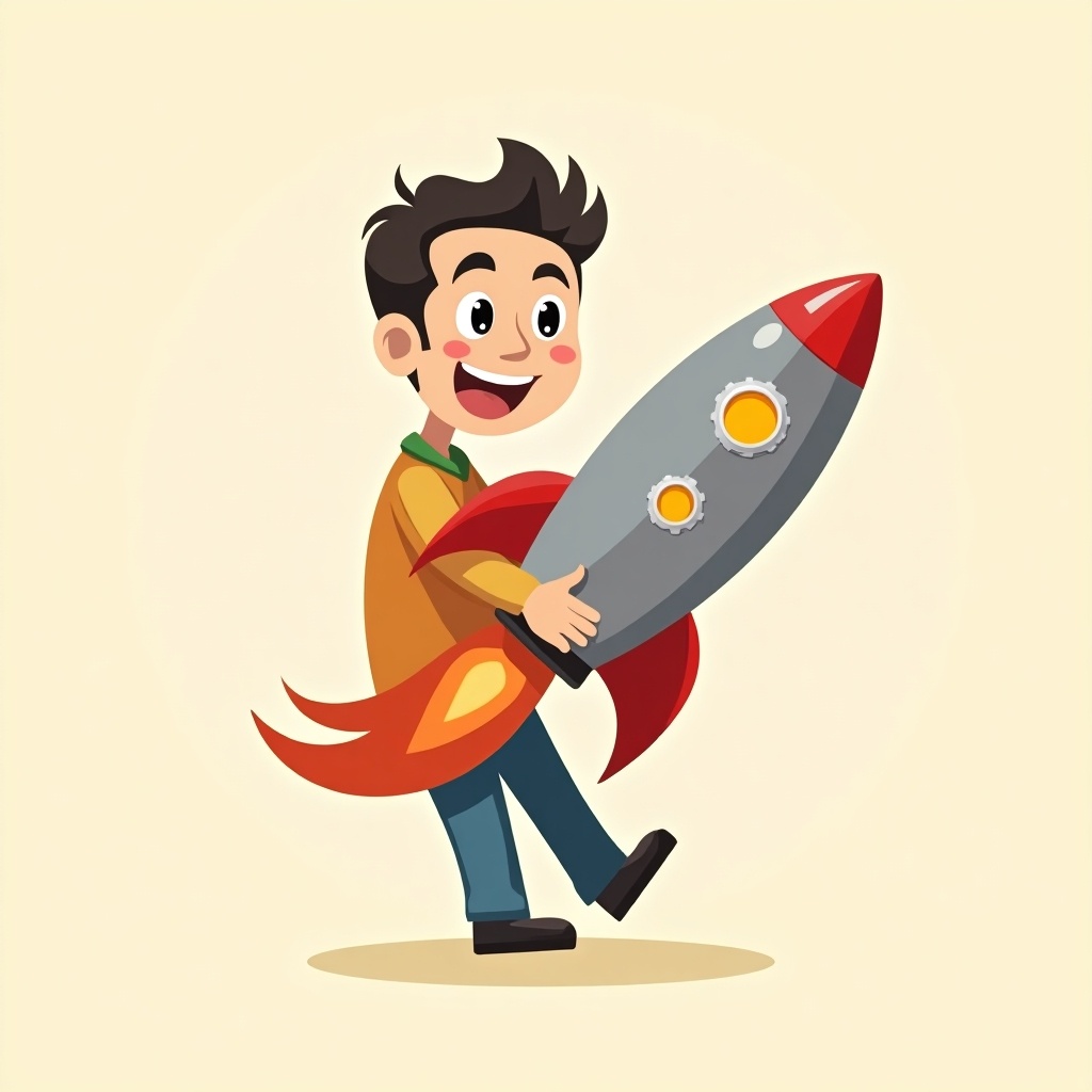 Cartoon style image features character with rocket. Character smiles radiantly. Rocket has red and gray colors with flames. Background displays light beige color. Image captures playful theme focused on technology and space exploration.