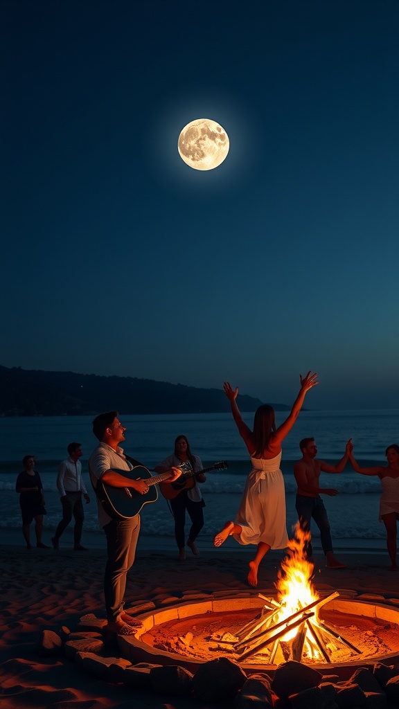 A group of friends enjoys a bonfire on a sandy beach under a bright full moon. The scene is lively, with a man playing guitar as a woman dances joyfully by the fire. The ocean waves create a serene backdrop, and the vivid moonlight contrasts beautifully with the warm glow of the fire, creating an inviting atmosphere of nighttime revelry.