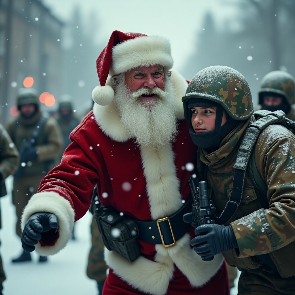 Photo realistic Santa Claus with a long beard and red suit, interacting with a soldier in uniform. The scene depicts a snowy environment with soldiers in the background. The image captures an unusual rescue moment.