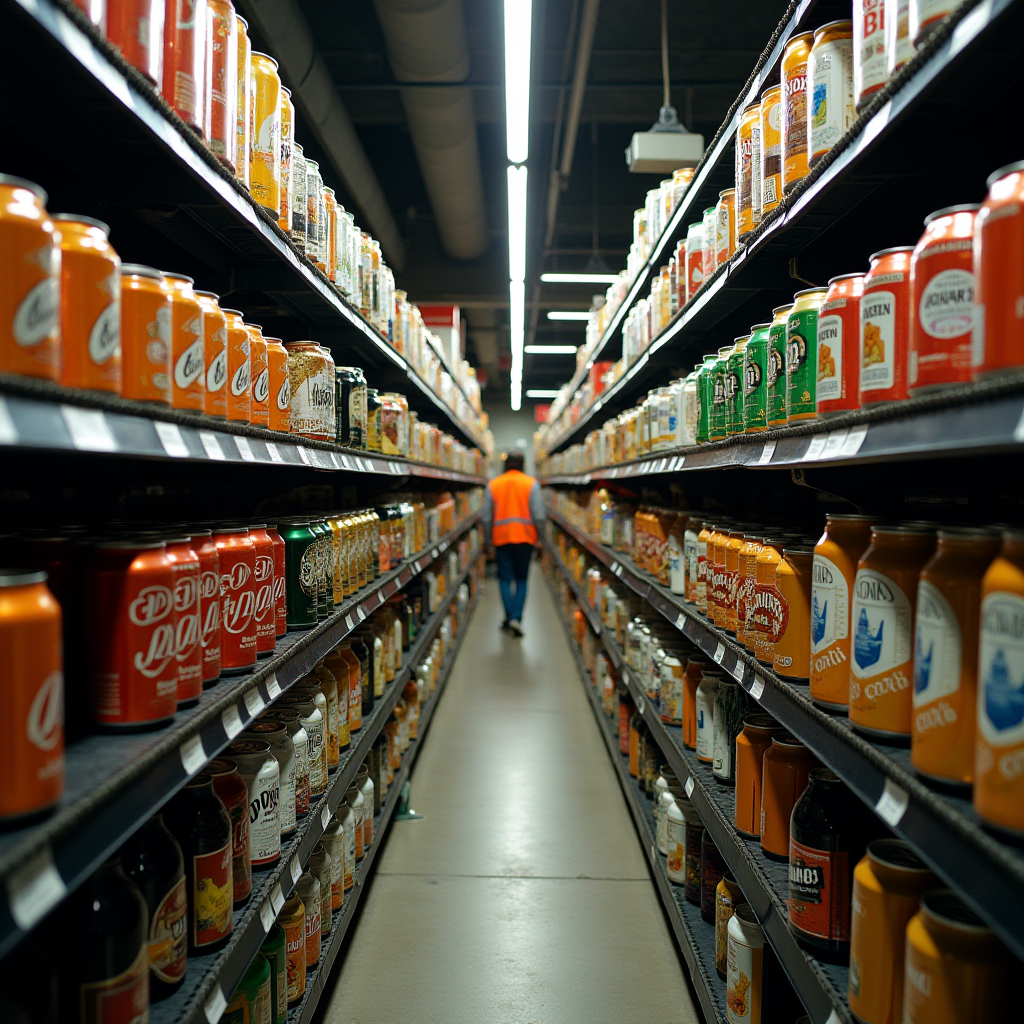 A person walking down a brightly lit grocery aisle lined with colorful canned beverages.