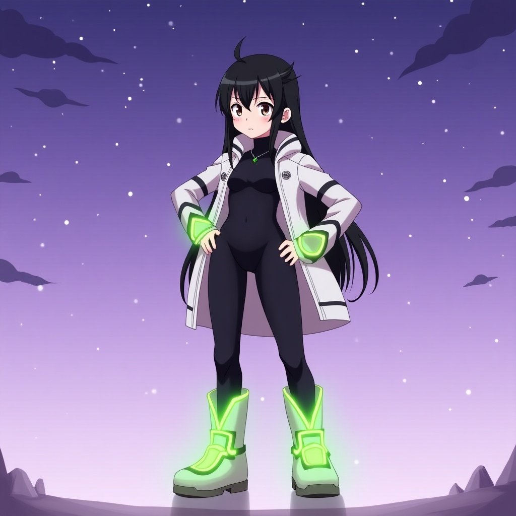 Anime girl wears a full-body black bodysuit. She has a white jacket and glowing green boots. Purple sky forms the background. Black hair frames her confident pose.