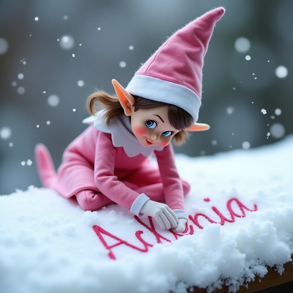 A pink girl elf doll is writing Alenia in the snow. The scene has a winter background with soft falling snowflakes. The doll is wearing a pink outfit and elf hat.