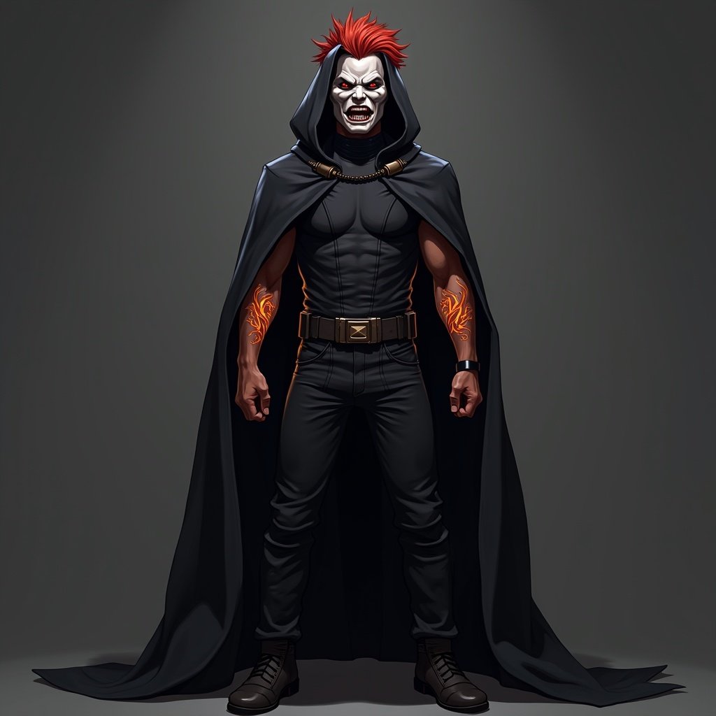 Man in dark outfit. Black cape. Short spiky red hair. Full body. Front view. Angry expression. Glowing tattoos on arms. Very angry fighting character.