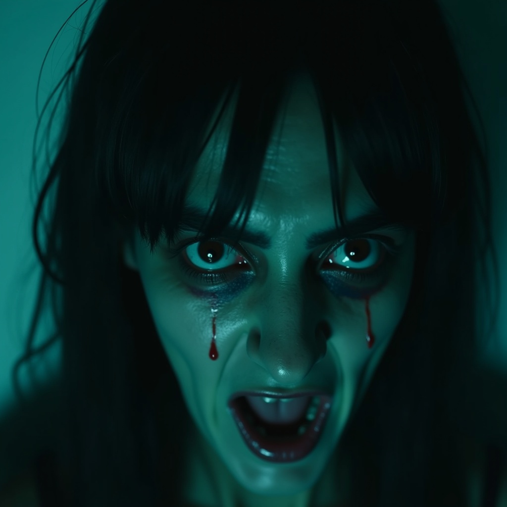 This chilling movie poster features a woman with evil horror eyes and a vulnerable expression. The soft teal glow enhances the suspenseful feel of the image. The intense gaze and blood-red tears evoke a sense of fear and anticipation. Ideal for a horror film, this artwork grips the viewer's attention. The dramatic lighting and perspective amplify the overall impact, making it perfect for marketing purposes.