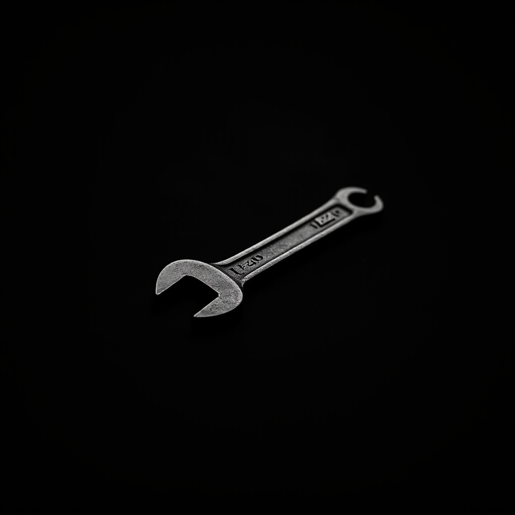 A silver spanner isolated against a black background.