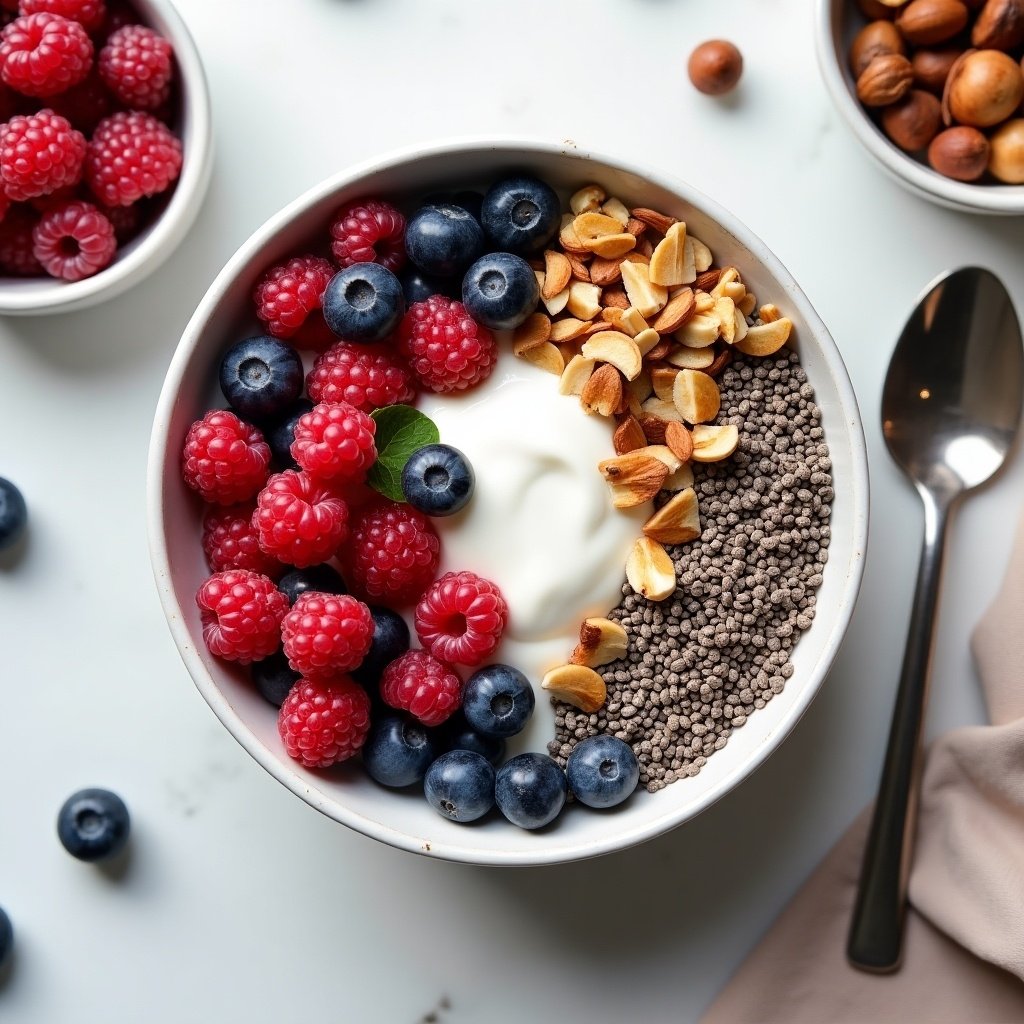 Bowl filled with yogurt topped with raspberries blueberries hazelnuts chia seeds and granola. Bright and colorful arrangement.