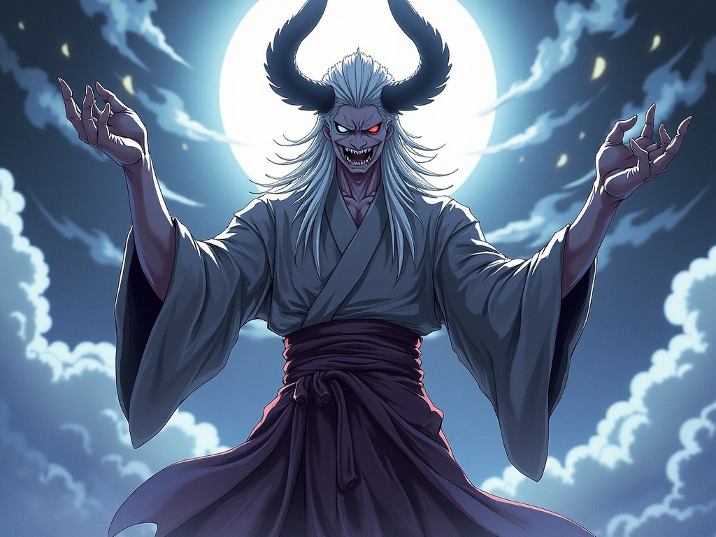 The image portrays a powerful and terrifying figure, identified as Sukuna, with long white hair and a sinister grin. He has prominent horns and glowing red eyes, exuding an aura of menace and dominance. The character is surrounded by dark clouds, heightened by a full moon in the background. His attire is traditional, with a flowing robe that adds to his imposing presence. The scene captures both supernatural elements and a dark fantasy aesthetic, creating a striking visual representation of the character.