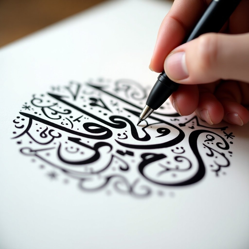 Close-up of hand with pen creating Arabic calligraphy. Bold black ink on white paper. Steady hand focuses on letters. Designs surround calligraphy. Soft lighting enhances strokes. Written names in circular format.