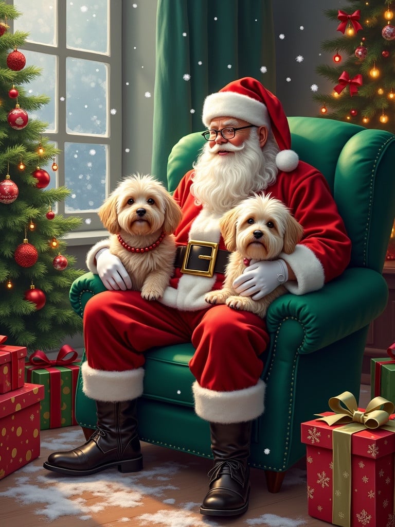 A warm Christmas scene featuring Santa Claus in a green chair. Santa is surrounded by eight Havanese dogs. A decorated Christmas tree and festive gifts are present. Snow falls outside the window.