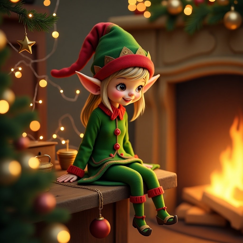 A festive elf character designed for holiday decor. The elf is seated by a warm fireplace surrounded by Christmas decorations. The elf is wearing a green outfit with red accents and pointy hat, representing a playful and cheerful atmosphere.