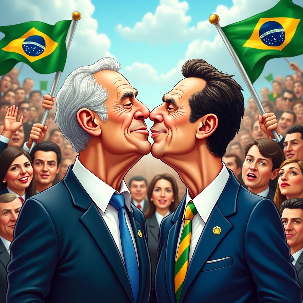 A vibrant political cartoon capturing Lula and Bolsonaro sharing a kiss. Depicts their political rivalry humorously. A lively crowd of supporters with Brazilian flags in the backdrop. Politicians in formal suits engaged in playful interaction. Rich in satire and reflecting Brazil's dynamic politics.