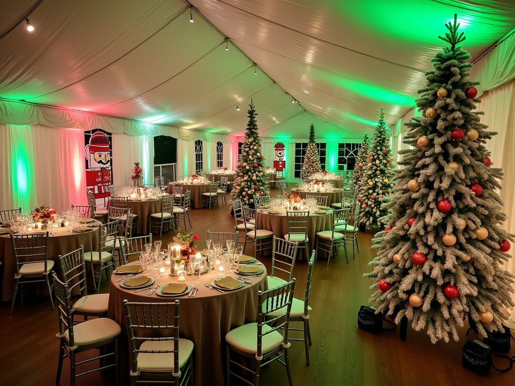 This image captures a beautifully decorated event space designed for a Christmas party. The scene is illuminated with soft red and green lights, creating a warm and festive atmosphere. Tables are elegantly set for dining, adorned with fine tableware and holiday centerpieces. Flanking the room are tall, snow-covered Christmas trees, enhancing the seasonal charm. The overall feel is inviting and suitable for celebrations.