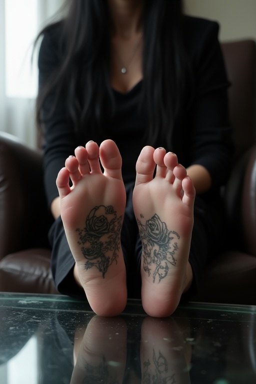 Image depicts mature goth woman with long black hair. She shows her big tattooed soles. She sits on the armchair. She wears dark goth clothes. Feet placed on the glass table.