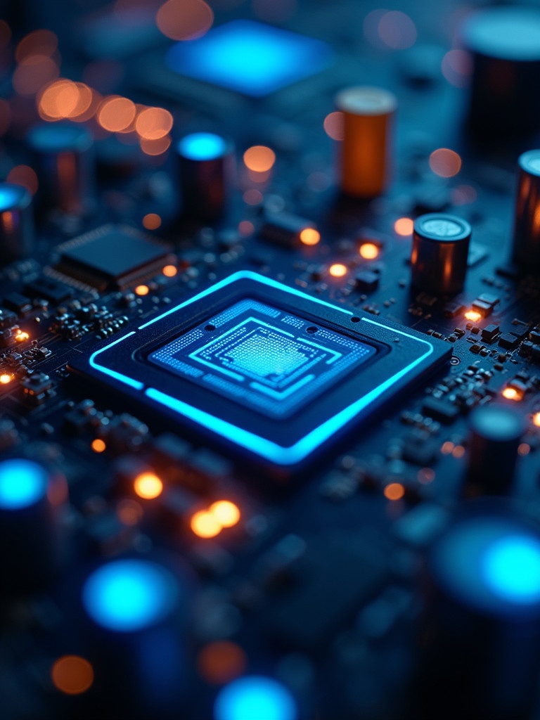 Close-up image of a futuristic circuit board. Board glows with neon blue and orange lights. Focus on microchip and electronic components.