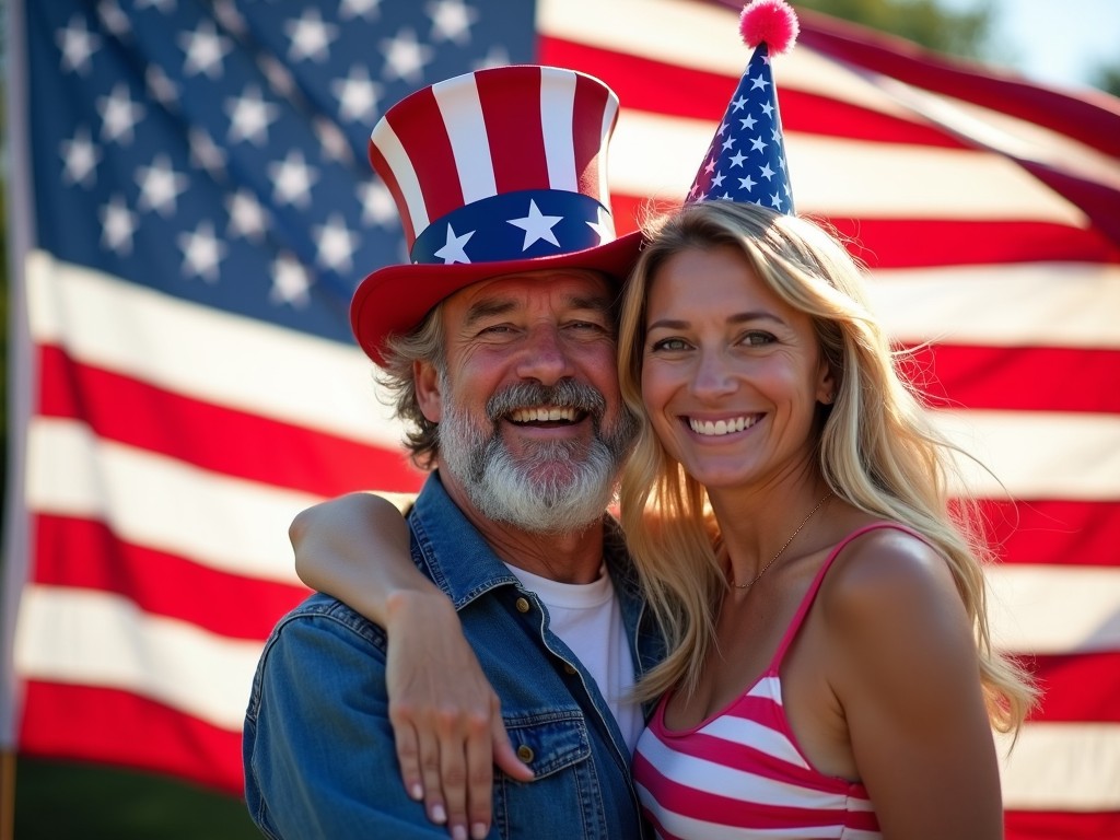 a smiling couple in patriotic attire, standing in front of the American flag, celebrating a national holiday